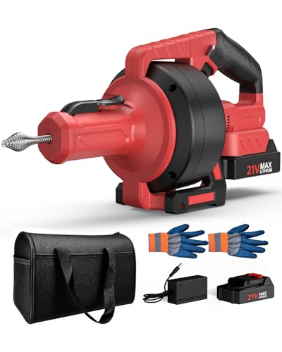 Ublue 21V Cordless Electric Drain Auger, 25Ft Auto Feed Drain Snake for Clog Remover with 2.0Ah Battery, Plumbing Snake for Sink Toilet Bathroom Shower Pipes 3/4"-2.95", Included Bag Gloves Rag - color: Red