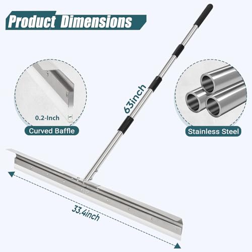 Heavy-Duty 33.4" Floor Squeegee for Concrete, Industrial Silicone Blade Squeegee for Floor with 63" Stainless Handle, Anti-Splash Curved Baffle Design for Garage, Factory, and Tough Cleaning Jobs - size: Standard