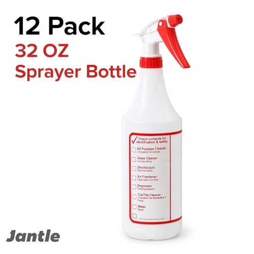 Jantle 32 oz Spray Bottles (12 Pack) Heavy Duty Refillable Trigger Sprayer, Adjustable Nozzle Mist/Stream, Measurement Markings, Multipurpose Cleaning & Plants