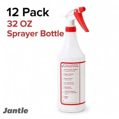 Jantle 32 oz Spray Bottles (12 Pack) Heavy Duty Refillable Trigger Sprayer, Adjustable Nozzle Mist/Stream, Measurement Markings, Multipurpose Cleaning & Plants