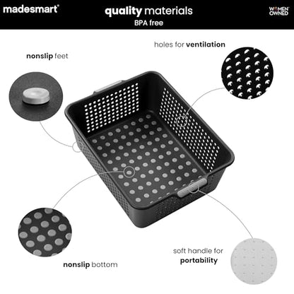 madesmart Large Storage Basket, Multipurpose Organizer Bin with Soft Grip Handles, Non Slip Feet & Ventilated Design for Kitchen, Pantry, Bathroom & Laundry, Carbon, 15 x 11 x 5 Inch