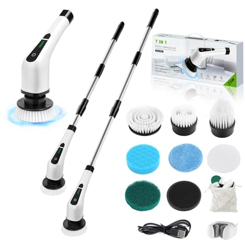 Electric Spin Scrubber, Cordless Bathroom Tub Scrubber with Long Handle & 7 Replaceable Cleaning Heads, Extension as Short Handle, Portable Power Shower Brush Household Tools for Tile Floor - color: White
