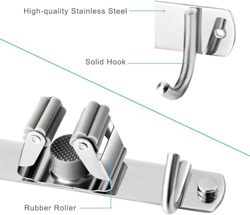 Broom and Mop Holder Wall Mounted, Broom Hanger Storage Rack, Stainless Steel Mop Hanger, Dustpan Holders with 2 Racks and 3 Hooks, Heavy Duty utility hooks for hanging brooms and mops (1Pcs)