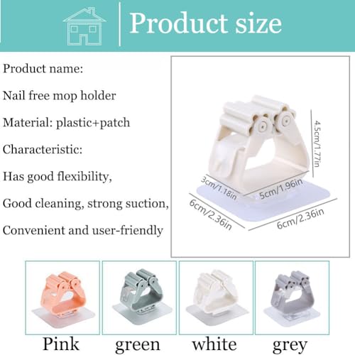 Broom And Mop Holder Clip 4 Pcs Mop Broom Wall Mounted Heavy Duty With Plastic Hooks Hanger No Drilling Mop Gripper For Home Bathroom Kitchen (white) - color: White