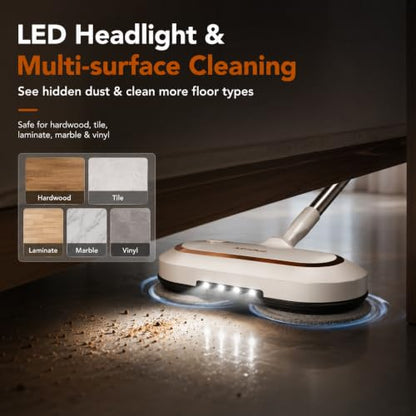 AlfaBot Cordless Electric Mop, Dual Spin Power Floor Cleaner with LED Headlight and Water Spray, 60-Min Runtime Self-Propelled Mop with Adjustable Tube for Hardwood, Tile, Marble and Vinyl Floors