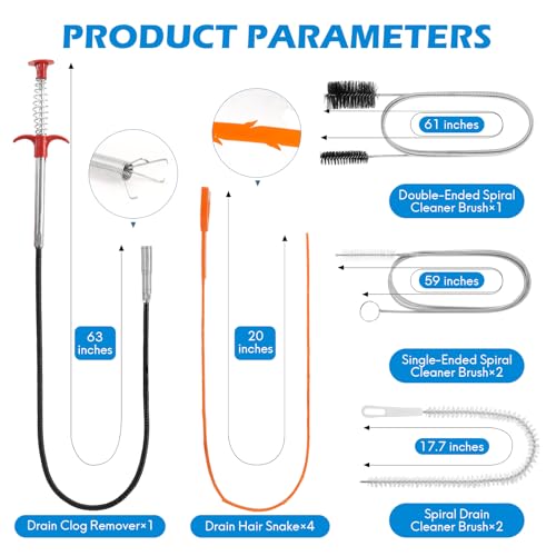 10 PCS Drain Snake Hair Drain Clog Remover Tool Set, Snake Drain Hair Removal Tool, Grabber Claw Drain Hair Remover, Flexible Drain Cleaner Brushes for Toilet, Kitchen Sink, Shower & Tub