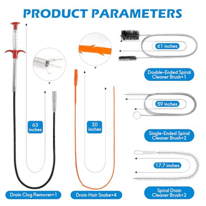 10 PCS Drain Snake Hair Drain Clog Remover Tool Set, Snake Drain Hair Removal Tool, Grabber Claw Drain Hair Remover, Flexible Drain Cleaner Brushes for Toilet, Kitchen Sink, Shower & Tub