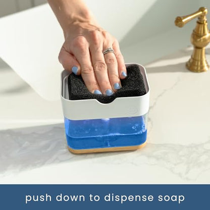S&T INC. Dish Soap Dispenser and Sponge Holder for Kitchen Sink, Waterproof Labels and Sponge Included, 13 Ounces, Plastic, White and Bamboo - color: White and Bamboo