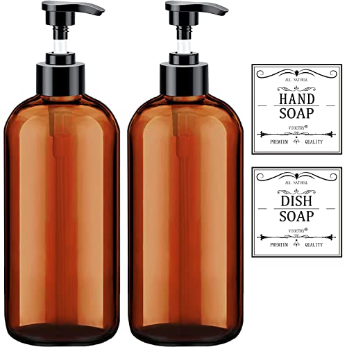 Soap Dispenser with Rust Proof Pump, Waterproof Labels (2 Pack,16 Oz) Bathroom, Plastic Hand Dish Soap Dispenser for Kitchen, Premium Thick Soap Pump Bottles (Amber) - color: Amber