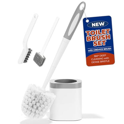 Holaloha Toilet Brush and Holder Set with Crevice Brush for Toilet Bowl and Bathroom Cleaning, White