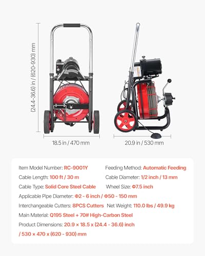 VEVOR Drain Cleaner Machine 100 FT x 1/2 Inch, Auto Feed Sewer Snake Auger on Wheels - with 8 Cutters & Air-Activated Foot Switch for 2" to 6" Pipes - style: 100 FT x 1/2''