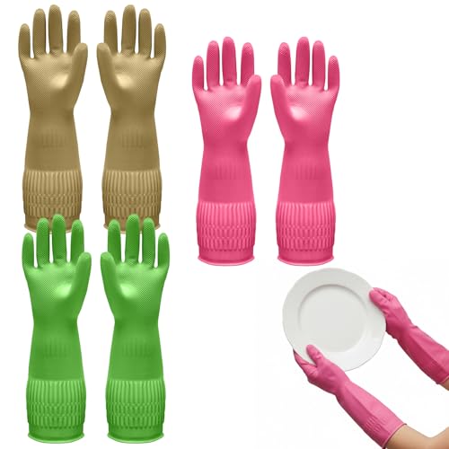 1 Pairs Household Rubber Cleaning Gloves, Long Cuff Dishwashing Gloves with Non-Slip Grip for Kitchen, Bathroom - color: Mixed Color, size: 3 Pairs-MIX1