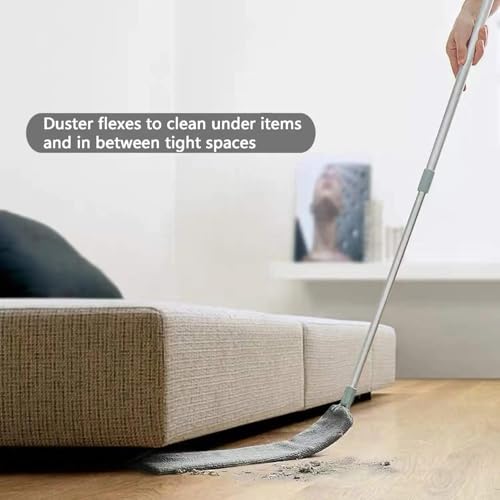 Flexible Flat Duster with Extendable Handle, Microfiber, for Under Furniture, Beds, Fridges, with 2 Washable Pads