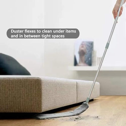 Flexible Flat Duster with Extendable Handle, Microfiber, for Under Furniture, Beds, Fridges, with 2 Washable Pads