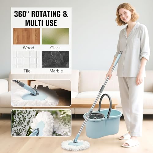 Spin Mop and Bucket with Wringer Set, 360° Spinning Mop Bucket System with 3 Microfiber Mop Replacement Heads and 50" Stainless Steel Adjustable Handle for Floor Cleaning - color: Blue-3