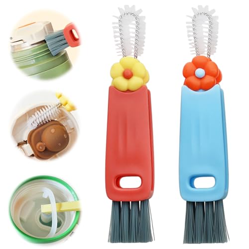 3 in 1 Multifunctional Cup Lid Gap Cleaning Brush Set, Portable Bottle Cleaning Brush, Home Kitchen Crevice Cleaning Tools for Bottles, Cups, and Tight Spaces, 2PCS (Red and Blue)