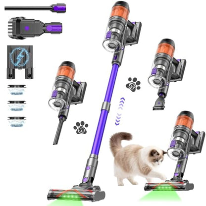 Cordless Vacuum Cleaner, 500W 40KPa 60Mins Vacuum Cleaners for Home, Powerful Stick Vacuum With Green Light, Anti-tangle Wireless Vacumm, Rechargeable Vacuum for Pet Hair/Carpet/Hardwood Floor, Purple