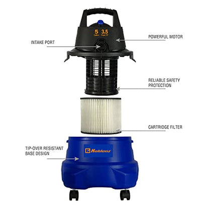 Koblenz WD-5 L2 Wet Dry Vacuum Cleaner, 5 Gallon Shop Vac 3.5 PHP, 3-in-1 Suction & Blower, Swivel Casters, Twist-N-Lock Hose, Large Vacuum Cleaners for Home, Workshop, Car, Blue/Black - size: 5 Gallon 3.5 HP