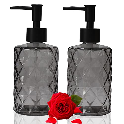 Glass Soap Dispenser with Black Plastic Pump, 12oz Refillable Liquid Hand Soap Dispenser, 2 Pack Crystal Lotion Bottle for Modern Home Decor, Bathroom, Kitchen Countertop, Hotel - color: Black C
