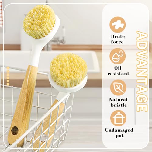Dish Brush with Handle, Long and Short Handle Kitchen Scrub Brushes with Tough Bristles, Natural Dish Scrubber Brush for Dishes, Pans, Pots and Kitchen Sink Cleaning, 2 Pack White