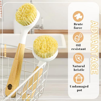 Dish Brush with Handle, Long and Short Handle Kitchen Scrub Brushes with Tough Bristles, Natural Dish Scrubber Brush for Dishes, Pans, Pots and Kitchen Sink Cleaning, 2 Pack White