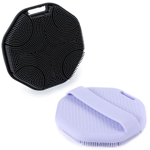 MtBoi 2 Pack Silicone Exfoliating Body Scrubber with Handle, Soft Silicone Loofah for Sensitive Skin, Body Brush & Shower Head Massager with Hanging Loop, Easy to Clean, Rich Lather (Black&Purple) - color: Black&purple