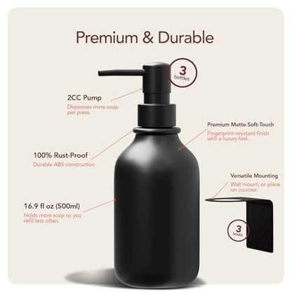 Black Soap Dispenser Set for Bathroom – 3-Packs Refillable Bottle Set, Soft Touch Pump Bottles Wall Mount Hooks Stickers Glue with Vanity Sink Placement Modern Design