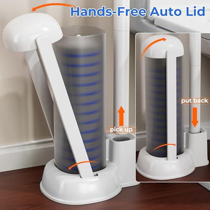 Disposable Toilet Brush and Holder Set - Hands-Free Eject Sponge Toilet Wand with Floor Standing Caddy, Secure-Lock Hangable Toilet Scrubber