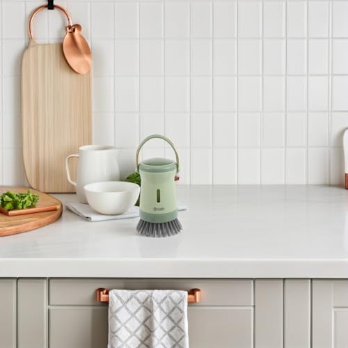 NUOBESTY Soap Dispensing Kitchen Scrub Brush with Handle for Pots and Pans, Palm Dish Scrubber Brush with Built-in Soap Dispenser, Green Dishwashing Tool for Sink Cleaning