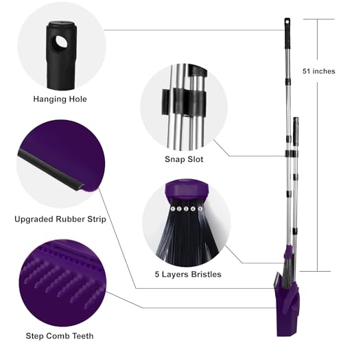 Tiumso Broom with Dustpan Combo Set, Broom and Dustpan Set with 51'' Long Handle, Dust Pan and Brooms, ZeroGap Lip, Self-Cleaning Dustpans Teeth for Lobby Kitchen Restaurant - Purple - color: Purple