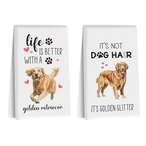 2Pcs Golden Retriever Dish Towels Set - Golden Retriever Gifts Waffle Weave Kitchen Towels, Decorative Hand Tea Towel for Kitchen Bathroom Decor, Dog Lovers Gifts for Women Mom Friends 14x24 Inch - color: Golden Retriever