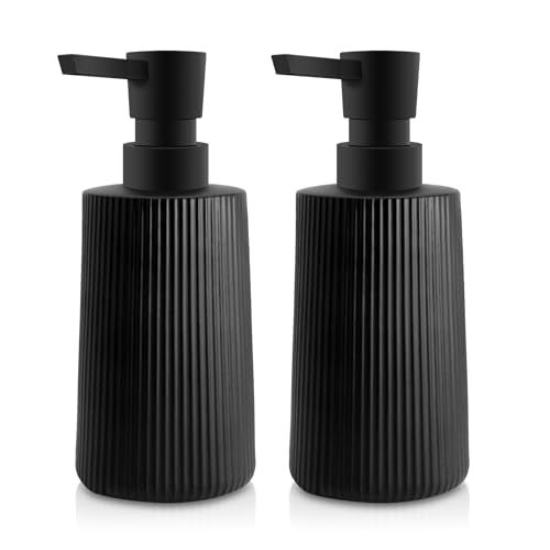 Glass Soap Dispenser for Bathroom, 250ml/8.5oz Dish Soap Dispenser with Pump for Kitchen, Modern Minimalist Stripe Style Hand Soap Dispenser, Small Refillable Soap Dispenser (Black 2pcs) - color: Black 2pcs