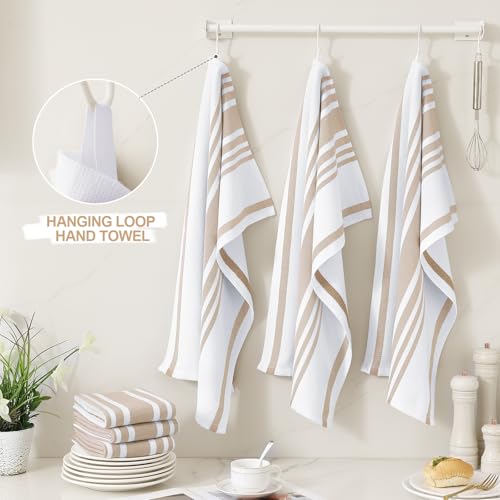 Homaxy Premium Kitchen Towels 18”x 28”, Large Cotton 380 GSM Kitchen Hand Towels, Stripe and Terry Dish Towel, Highly Absorbent Tea Towel Set with Hanging Loop, 3 Pack, Khaki - color: Khaki Stripe, style: 3-pack