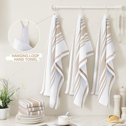Homaxy Premium Kitchen Towels 18”x 28”, Large Cotton 380 GSM Kitchen Hand Towels, Stripe and Terry Dish Towel, Highly Absorbent Tea Towel Set with Hanging Loop, 8 Pack, Khaki - color: Khaki Stripe, style: 8-pack