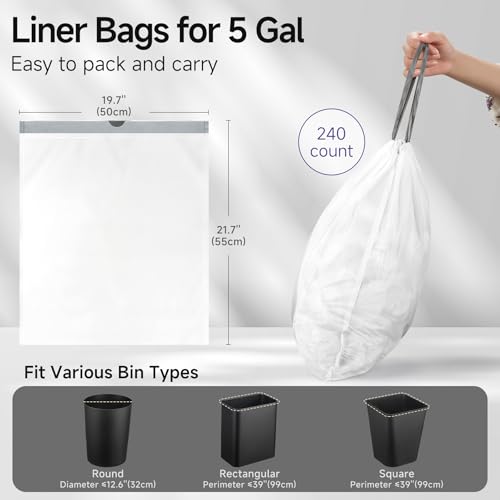 TIPGO 5 Gallon Trash Bags Drawstring, Pre-Cut Strong Wastebasket Bin Liners, White Garbage Bags for Home, Office, Bathroom (Code E, 240 Count) - color: 5gal-240