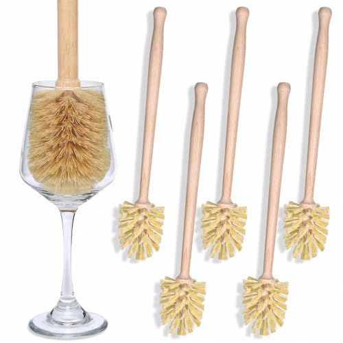 6-Pack Natural Wood Dish Brush Set with Long Beechwood Handle & Sisal Bristles, 13.8 x 2.7 Inch Bottle Brush for Cleaning Jars, Mugs, Glasses, Vases, Pitchers