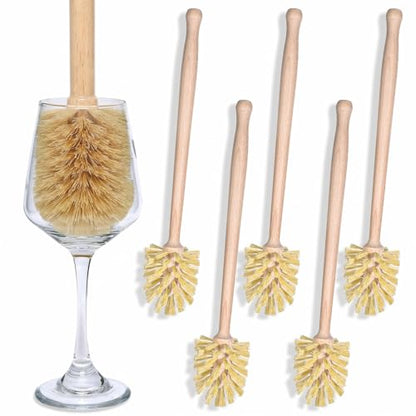 6-Pack Natural Wood Dish Brush Set with Long Beechwood Handle & Sisal Bristles, 13.8 x 2.7 Inch Bottle Brush for Cleaning Jars, Mugs, Glasses, Vases, Pitchers