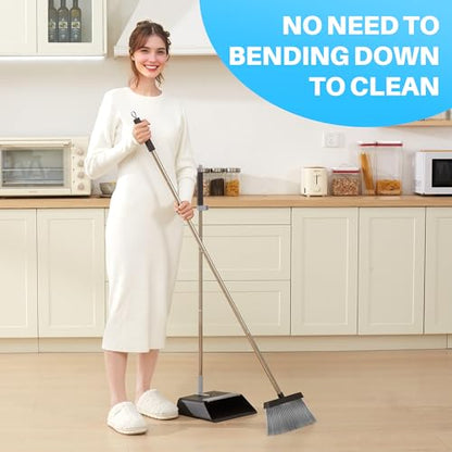 JOYMOOP Black Broom and Dustpan Set, Upright Angle Design with Built-in Comb Teeth for Home, Office, Hardwood Floors, Pet Hair - color: Black & Grey
