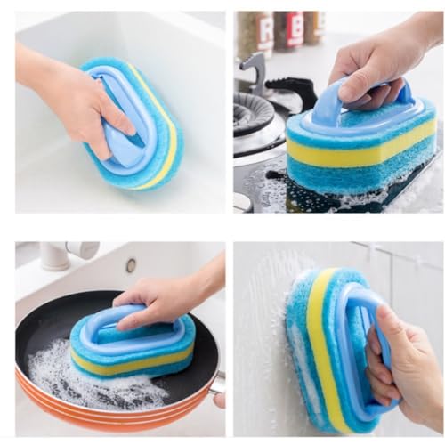 1Pc Blue Cleaning Brush All Purpose Shower Sponge Scrubbing Brush with Ergonomic Handle for Bathroom Kitchen Bathtub Toilet Cleaner - color: Blue