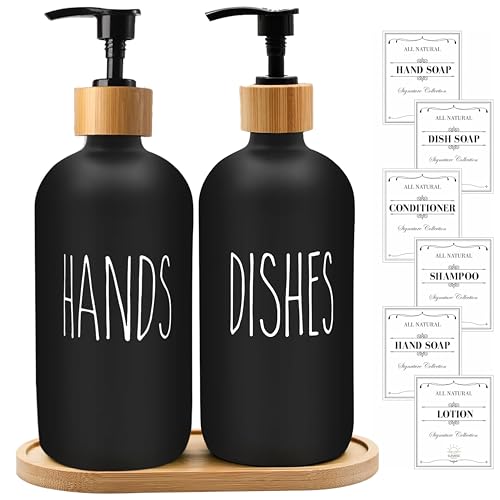 Sunrise Premium 16 OZ Thick Black Glass Soap Dispenser, Bamboo Pump with Tray 2 Pack, Hand and Dish Soap Dispenser Set for Bathroom with 6 Waterproof Labels - color: Bamboo Pump With Tray - Black Glass