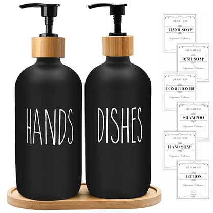 Sunrise Premium 16 OZ Thick Black Glass Soap Dispenser, Bamboo Pump with Tray 2 Pack, Hand and Dish Soap Dispenser Set for Bathroom with 6 Waterproof Labels - color: Bamboo Pump With Tray - Black Glass