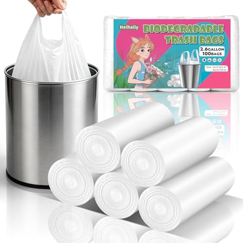 2.6 Gallon Small Trash Bags with Handles, White Bathroom Mini Garbage Bags, Unscented 10 Liter Wastebasket Liners for Kitchen Office Car, Heavy Duty, 100 Count - style: Bio-2.6Gal-White100