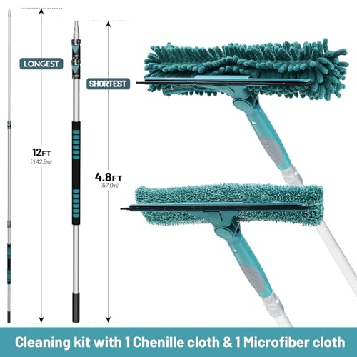 TelesPro 20 Feet High Reach Window Squeegee with 5-12Ft Extension Pole, Window Cleaner Tool with 3-Stage Telescoping Pole, Window Cleaning Kit with Rotatable Head (2 Squeegee & 2 Microfibre Cloths) - size: 12 FT