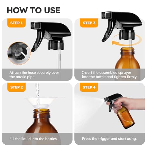 Tecohouse 360° 4 OZ Amber Glass Spray Bottles, 2 Pack Empty Refillable Containers with Adjustable Spray Nozzles, Dark Spray Bottles for Cleaning Solutions, Plants, Hairs