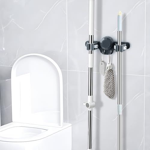 2 Pack Broom Holder Mop Hanger Wall Mount - Strong Suction Cup Mop and Broom Organizer with Hooks, Space Saving Removable Rack for Laundry Room Garden Garage (Grey) - color: Grey