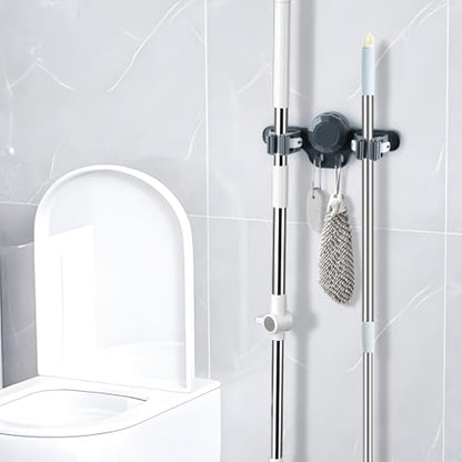 2 Pack Broom Holder Mop Hanger Wall Mount - Strong Suction Cup Mop and Broom Organizer with Hooks, Space Saving Removable Rack for Laundry Room Garden Garage (Grey) - color: Grey
