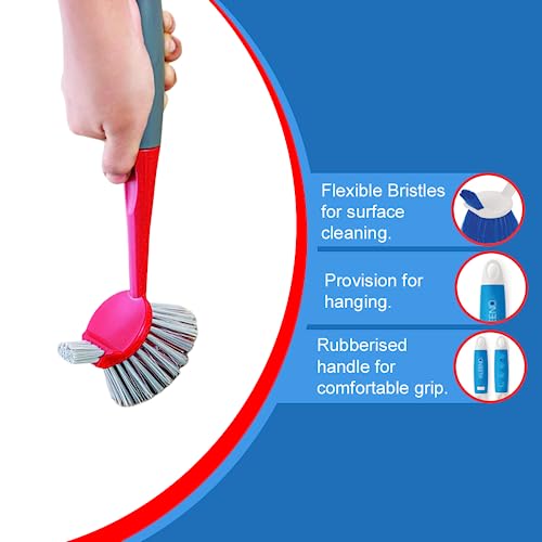 Cello Kleeno Dual Action Sink & Dish Brush, Red & Grey | Flexible Bristles, Hanging Provision | Rubberised Handle & Tough Bristles for Stubborn Stains |Plastic Kitchen Sink Basin Wash Cleaning Brush