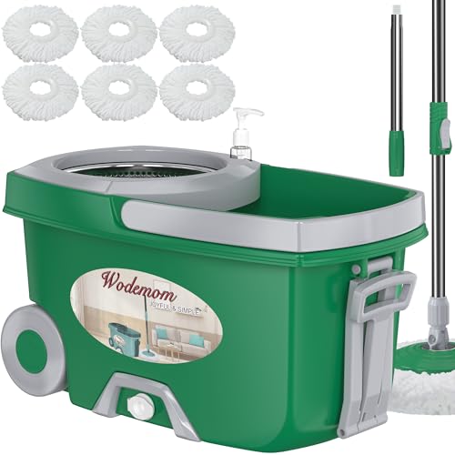 Dual Compartment Spin Mop and Bucket, Mop and Bucket with Wringer Set,360°Rotating Spinning Mopping for Floor Cleaning with 6 Microfiber Replacement Heads, 61" Extended Handle, 2X Wheel - Deep Green - size: Deep Green Mop Bucket + 6 Mop Heads