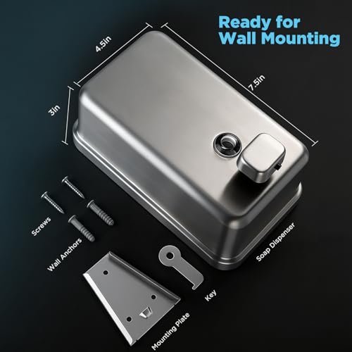 Wall Mounted Soap Dispenser 1100ml/37fl oz, Stainless Steel Commercial Soap Dispenser with Protective Inner Liner, Manual Soap Dispenser with Easy-Press Pump for Bathroom, Kitchen & Restaurant