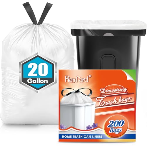 20 Gallon Large Drawstring Trash Bags 200 Counts, Fit 20-21 Gal Trash Can, Heavy Duty Tall Kitchen Garbage Liners, Large Trash Bags Size Chart for Home/Office, Outdoor Lawn & Leaf Bags, White - style: 200-20 Gallon-White